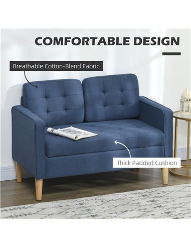 HOMCOM Modern Loveseat Sofa, Compact 2 Seater Sofa with Hidden Storage, 117cm Tufted Cotton Couch with Wood Legs, Blue