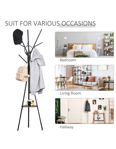 HOMCOM Freestanding Metal Coat Rack Stand 9 Hooks Clothes Tree with 1 Shelf Hat Display Hall Tree Hanger Bag Umbrella Hanging Or