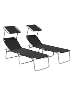 Outsunny Foldable Sun Lounger Set of 2 with Sun Shade & Adjustable Backrest - Black