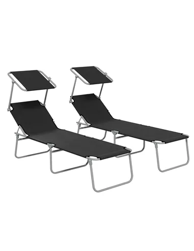 Outsunny Foldable Sun Lounger Set of 2 with Sun Shade & Adjustable Backrest - Black