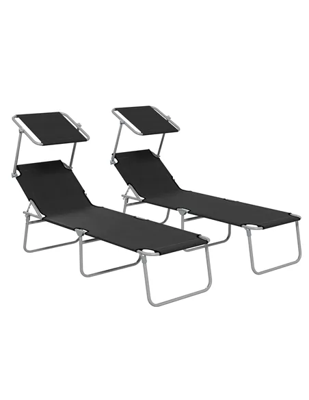 Outsunny Foldable Sun Lounger Set of 2 with Sun Shade & Adjustable Backrest - Black