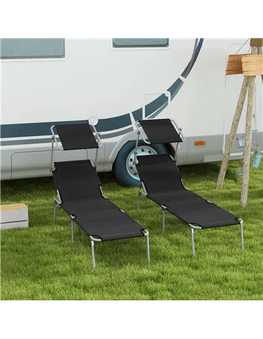 Outsunny Foldable Sun Lounger Set of 2 with Sun Shade & Adjustable Backrest - Black