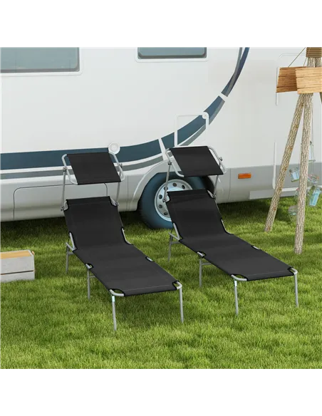 Outsunny Foldable Sun Lounger Set of 2 with Sun Shade & Adjustable Backrest - Black