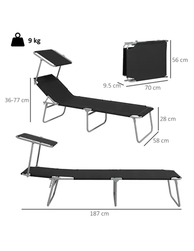 Outsunny Foldable Sun Lounger Set of 2 with Sun Shade & Adjustable Backrest - Black