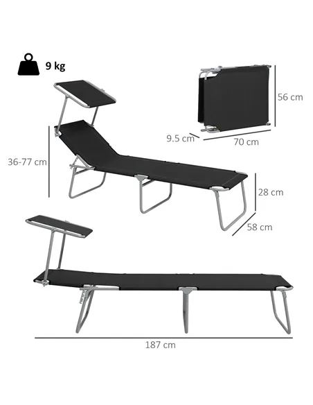 Outsunny Foldable Sun Lounger Set of 2 with Sun Shade & Adjustable Backrest - Black