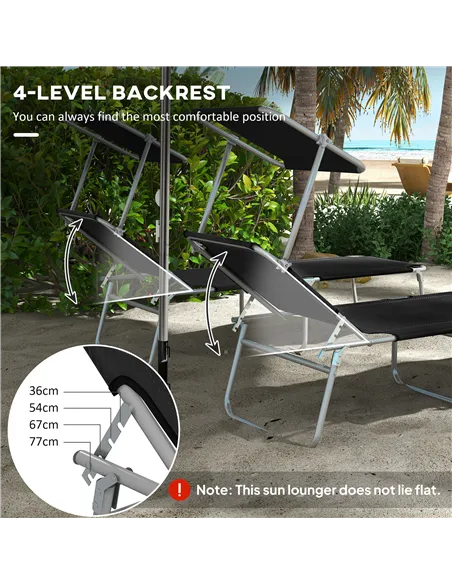 Outsunny Foldable Sun Lounger Set of 2 with Sun Shade & Adjustable Backrest - Black