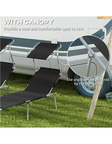 Outsunny Foldable Sun Lounger Set of 2 with Sun Shade & Adjustable Backrest - Black