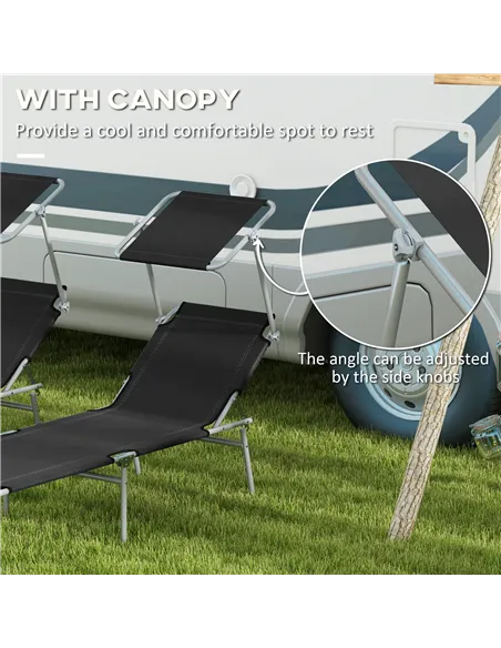 Outsunny Foldable Sun Lounger Set of 2 with Sun Shade & Adjustable Backrest - Black