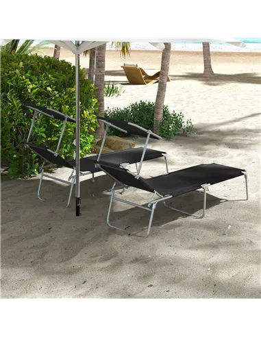Outsunny Foldable Sun Lounger Set of 2 with Sun Shade & Adjustable Backrest - Black
