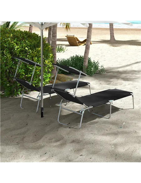 Outsunny Foldable Sun Lounger Set of 2 with Sun Shade & Adjustable Backrest - Black