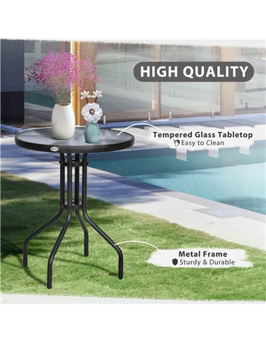 Outsunny Bistro Coffee Table Outdoor Tempered Glass Top Table Garden Round Dining Table - 60cm Diameter