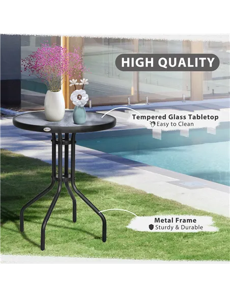 Outsunny Bistro Coffee Table Outdoor Tempered Glass Top Table Garden Round Dining Table - 60cm Diameter