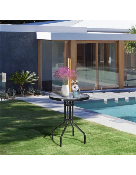 Outsunny Bistro Coffee Table Outdoor Tempered Glass Top Table Garden Round Dining Table - 60cm Diameter