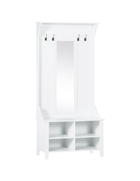 HOMCOM Hallway Furniture Set Shoe Bench Storage Mirror Cabinet Coat Rack Multiple Cubes Hangers Organiser Shelves w/ 4 Hooks