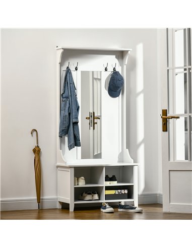 HOMCOM Hallway Furniture Set Shoe Bench Storage Mirror Cabinet Coat Rack Multiple Cubes Hangers Organiser Shelves w/ 4 Hooks