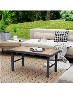 Outsunny Metal Garden Coffee Table, Outdoor Side Table with SPC Woodgrain Tabletop for Outside, Garden, Balcony, Porch, 100 x 53 2