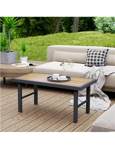 Outsunny Metal Garden Coffee Table, Outdoor Side Table with SPC Woodgrain Tabletop for Outside, Garden, Balcony, Porch, 100 x 53