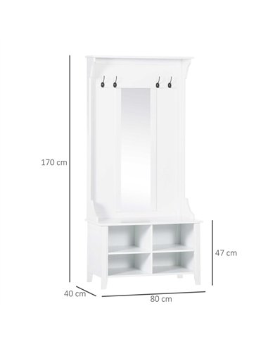 HOMCOM Hallway Furniture Set Shoe Bench Storage Mirror Cabinet Coat Rack Multiple Cubes Hangers Organiser Shelves w/ 4 Hooks