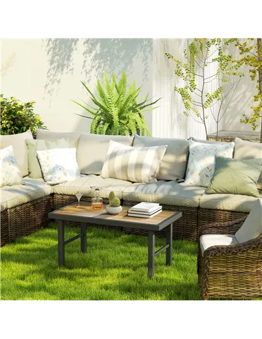 Outsunny Metal Garden Coffee Table, Outdoor Side Table with SPC Woodgrain Tabletop for Outside, Garden, Balcony, Porch, 100 x 53