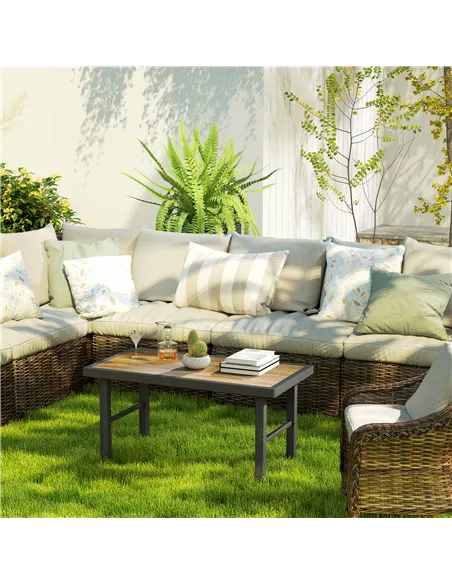 Outsunny Metal Garden Coffee Table, Outdoor Side Table with SPC Woodgrain Tabletop for Outside, Garden, Balcony, Porch, 100 x 53