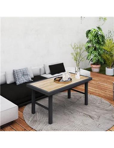 Outsunny Metal Garden Coffee Table, Outdoor Side Table with SPC Woodgrain Tabletop for Outside, Garden, Balcony, Porch, 100 x 53