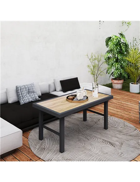 Outsunny Metal Garden Coffee Table, Outdoor Side Table with SPC Woodgrain Tabletop for Outside, Garden, Balcony, Porch, 100 x 53