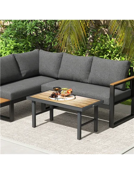 Outsunny Metal Garden Coffee Table, Outdoor Side Table with SPC Woodgrain Tabletop for Outside, Garden, Balcony, Porch, 100 x 53