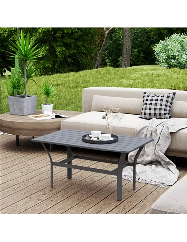Outsunny Metal Garden Coffee Table, Rectangular Outdoor Side Table with Slatted Tabletop, Foot Pads for Outside, Garden, Balcony