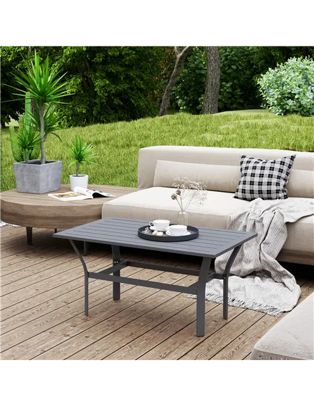 Outsunny Metal Garden Coffee Table, Rectangular Outdoor Side Table with Slatted Tabletop, Foot Pads for Outside, Garden, Balcony