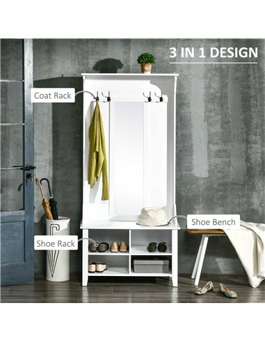 HOMCOM Hallway Furniture Set Shoe Bench Storage Mirror Cabinet Coat Rack Multiple Cubes Hangers Organiser Shelves w/ 4 Hooks
