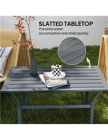 Outsunny Metal Garden Coffee Table, Rectangular Outdoor Side Table with Slatted Tabletop, Foot Pads for Outside, Garden, Balcony