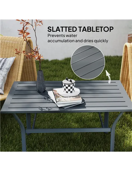 Outsunny Metal Garden Coffee Table, Rectangular Outdoor Side Table with Slatted Tabletop, Foot Pads for Outside, Garden, Balcony