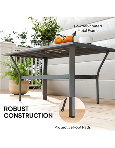 Outsunny Metal Garden Coffee Table, Rectangular Outdoor Side Table with Slatted Tabletop, Foot Pads for Outside, Garden, Balcony