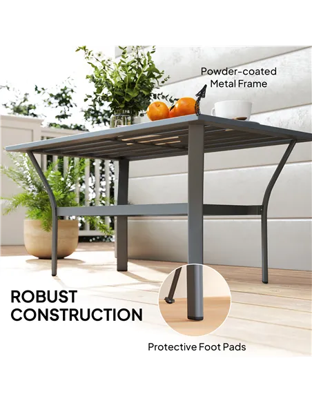 Outsunny Metal Garden Coffee Table, Rectangular Outdoor Side Table with Slatted Tabletop, Foot Pads for Outside, Garden, Balcony