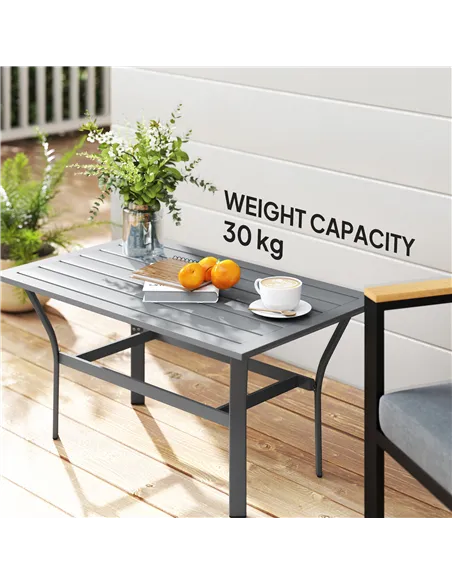 Outsunny Metal Garden Coffee Table, Rectangular Outdoor Side Table with Slatted Tabletop, Foot Pads for Outside, Garden, Balcony