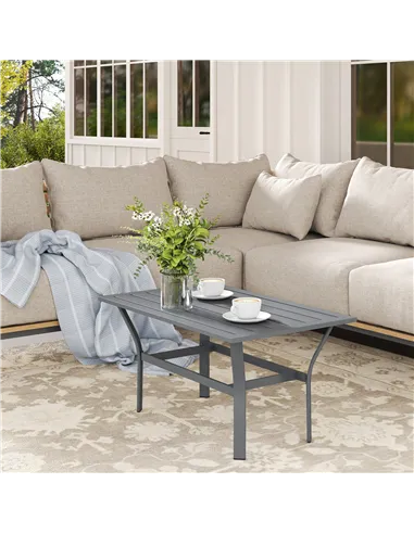 Outsunny Metal Garden Coffee Table, Rectangular Outdoor Side Table with Slatted Tabletop, Foot Pads for Outside, Garden, Balcony