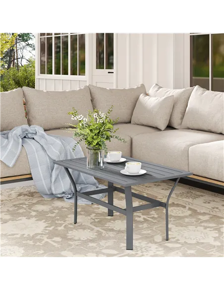 Outsunny Metal Garden Coffee Table, Rectangular Outdoor Side Table with Slatted Tabletop, Foot Pads for Outside, Garden, Balcony