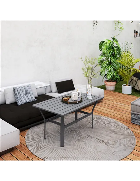 Outsunny Metal Garden Coffee Table, Rectangular Outdoor Side Table with Slatted Tabletop, Foot Pads for Outside, Garden, Balcony