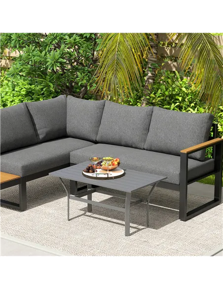 Outsunny Metal Garden Coffee Table, Rectangular Outdoor Side Table with Slatted Tabletop, Foot Pads for Outside, Garden, Balcony