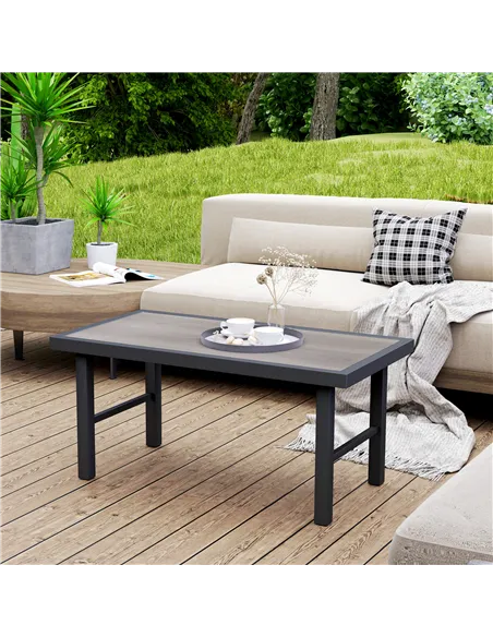Outsunny Metal Garden Coffee Table, Outdoor Side Table with SPC Woodgrain Tabletop for Outside, Garden, Balcony, Porch, 100 x 53