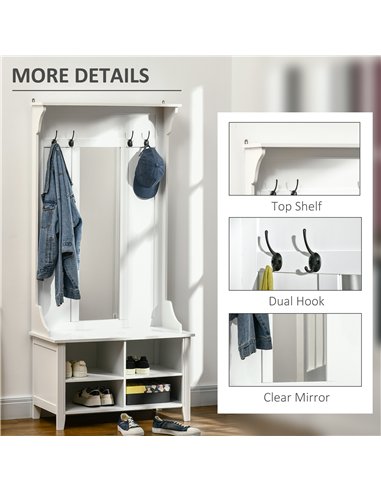 HOMCOM Hallway Furniture Set Shoe Bench Storage Mirror Cabinet Coat Rack Multiple Cubes Hangers Organiser Shelves w/ 4 Hooks