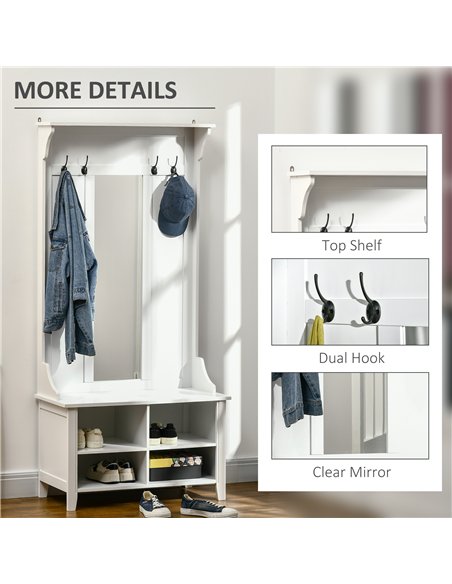 HOMCOM Hallway Furniture Set Shoe Bench Storage Mirror Cabinet Coat Rack Multiple Cubes Hangers Organiser Shelves w/ 4 Hooks