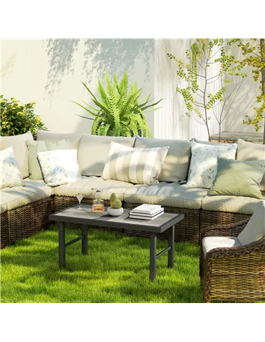 Outsunny Metal Garden Coffee Table, Outdoor Side Table with SPC Woodgrain Tabletop for Outside, Garden, Balcony, Porch, 100 x 53