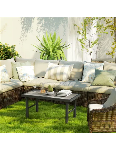 Outsunny Metal Garden Coffee Table, Outdoor Side Table with SPC Woodgrain Tabletop for Outside, Garden, Balcony, Porch, 100 x 53