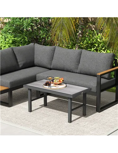 Outsunny Metal Garden Coffee Table, Outdoor Side Table with SPC Woodgrain Tabletop for Outside, Garden, Balcony, Porch, 100 x 53