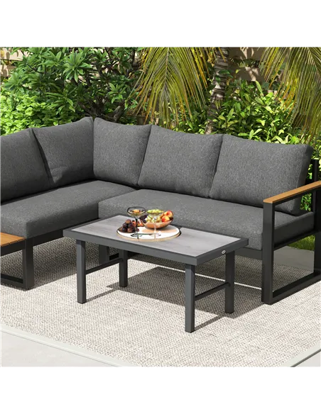 Outsunny Metal Garden Coffee Table, Outdoor Side Table with SPC Woodgrain Tabletop for Outside, Garden, Balcony, Porch, 100 x 53