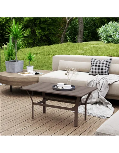 Outsunny Metal Garden Coffee Table, Rectangular Outdoor Side Table with Slatted Tabletop, Foot Pads for Outside, Garden, Balcony