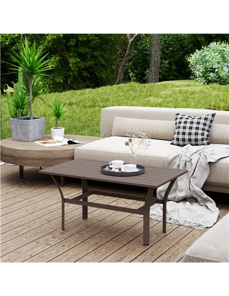 Outsunny Metal Garden Coffee Table, Rectangular Outdoor Side Table with Slatted Tabletop, Foot Pads for Outside, Garden, Balcony