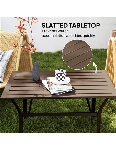 Outsunny Metal Garden Coffee Table, Rectangular Outdoor Side Table with Slatted Tabletop, Foot Pads for Outside, Garden, Balcony