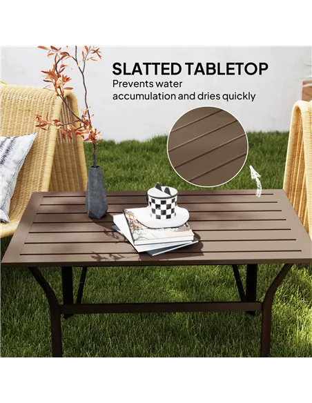 Outsunny Metal Garden Coffee Table, Rectangular Outdoor Side Table with Slatted Tabletop, Foot Pads for Outside, Garden, Balcony